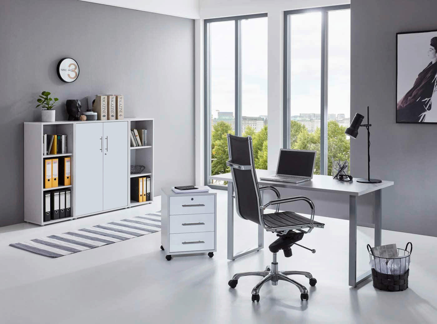 BÜRO erweiterbar, abschließbar Grau, Weiß - Weiß/Grau, MODERN, Holzwerkstoff/Metall - MID.YOU