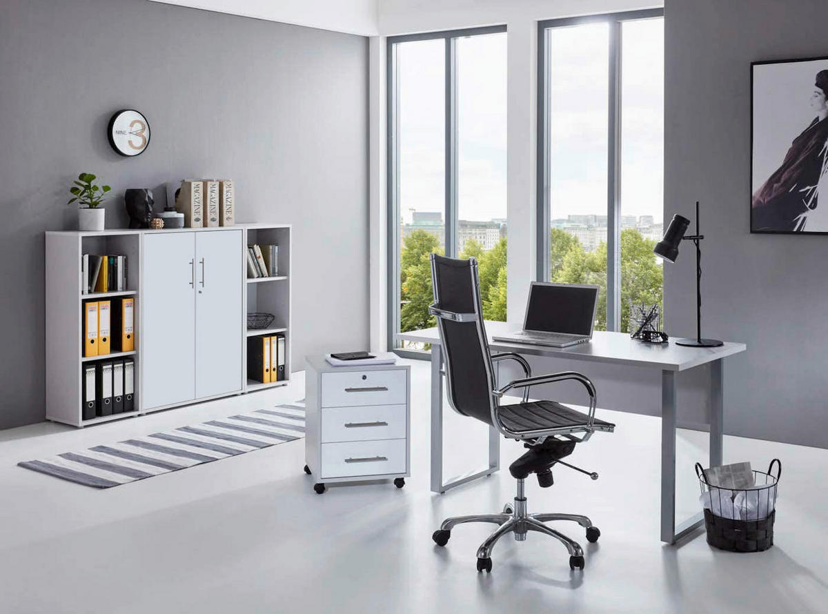 BÜRO erweiterbar, abschließbar Grau, Weiß - Weiß/Grau, MODERN, Holzwerkstoff/Metall - MID.YOU