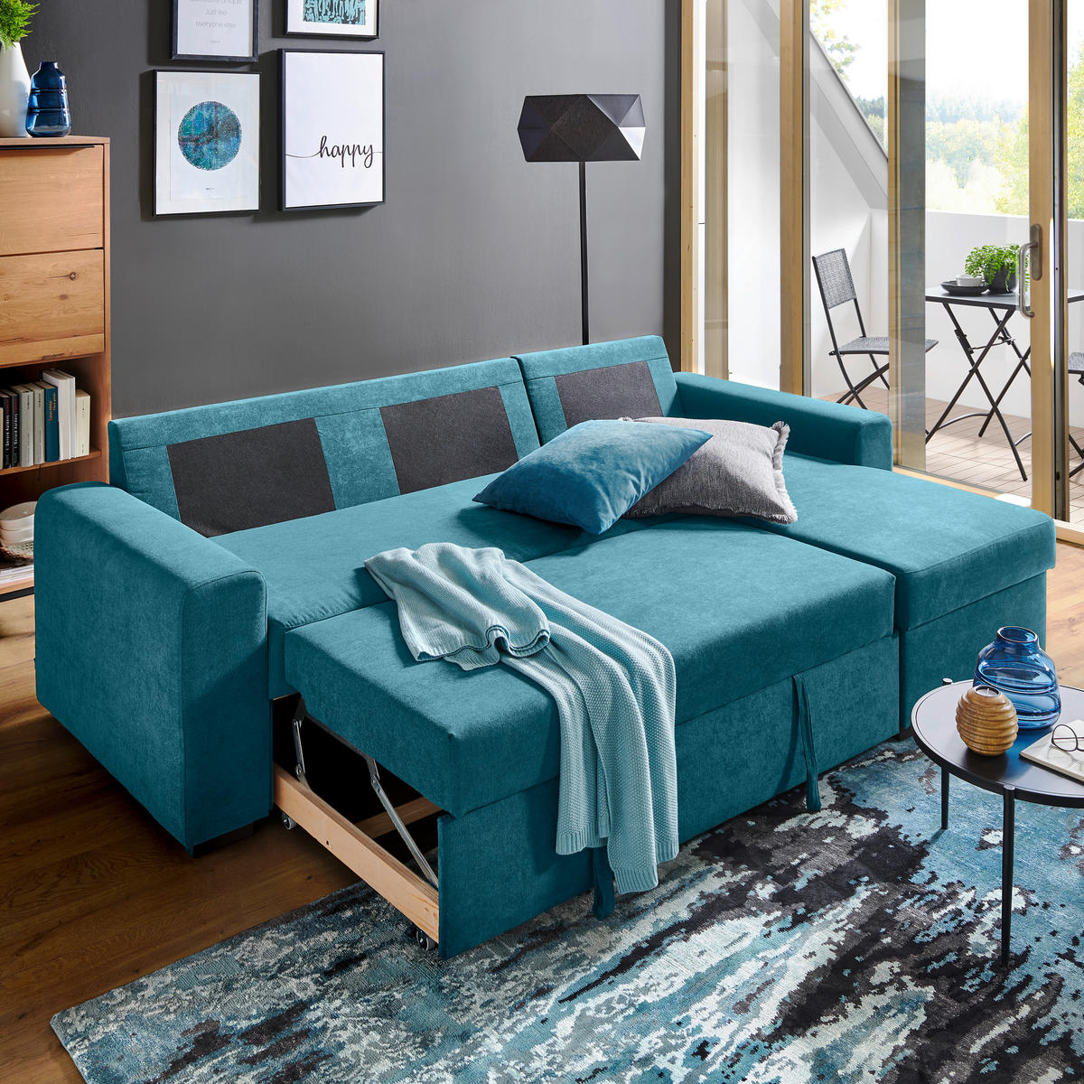 ECKSOFA inkl.Funktionen Petrol Webstoff  - Petrol/Schwarz, Design, Textil (245/160cm) - Xora