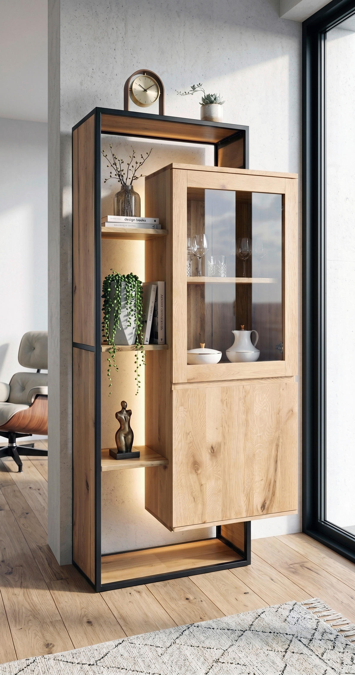 VITRINE  in vollmassiv Mangoholz, Wildeiche Schwarz, Eichefarben  - Eichefarben/Schwarz, LIFESTYLE, Glas/Holz (90/183/40cm) - Landscape