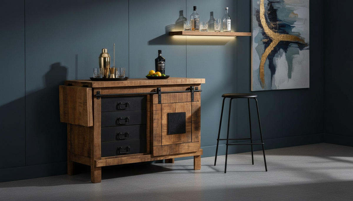 BARSCHRANK Mangoholz massiv Dunkelbraun  - Dunkelbraun/Schwarz, LIFESTYLE, Holz/Metall (135/76/50cm) - Landscape
