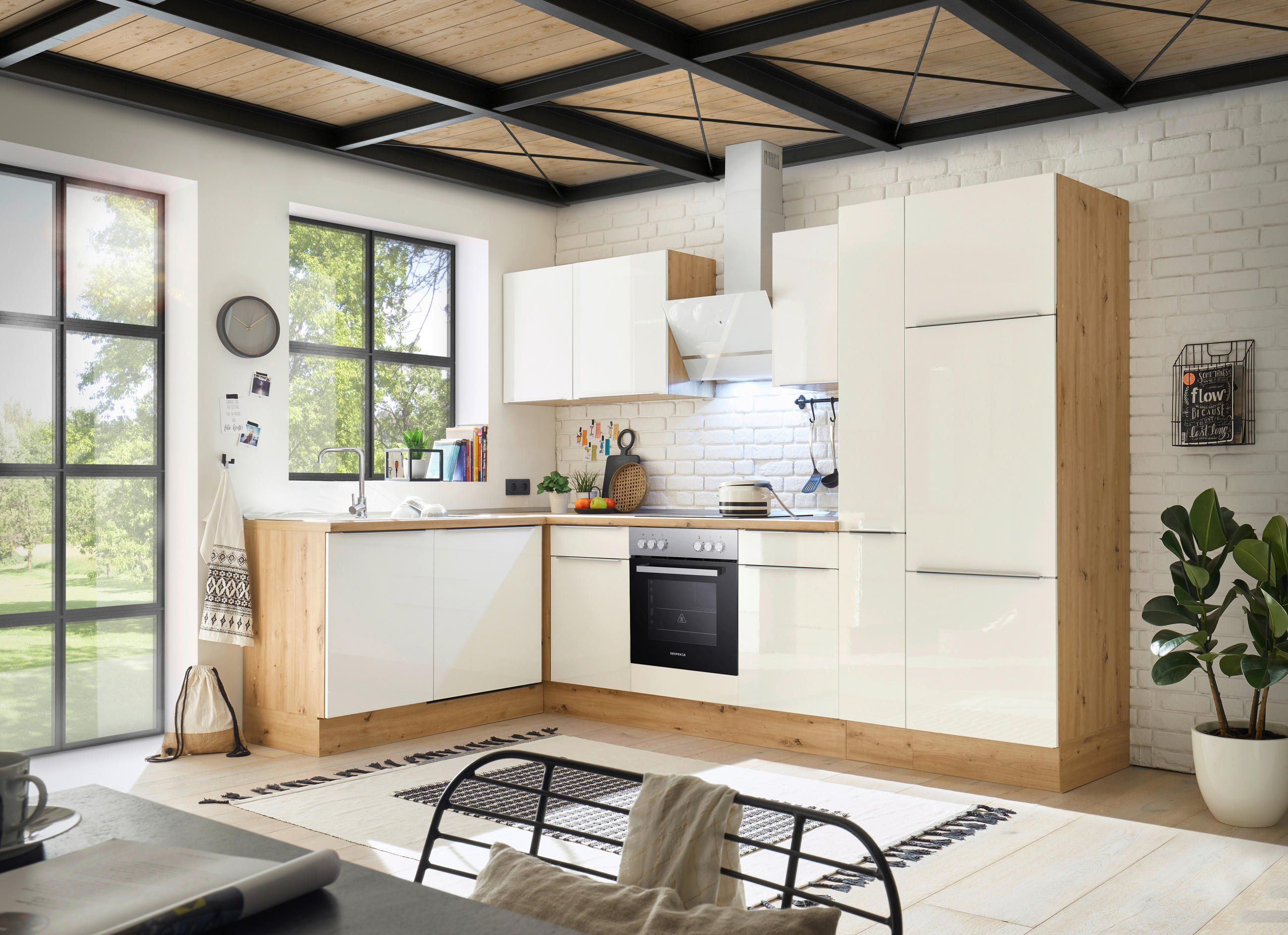 Eckküche Mit Geräten 310x170 Cm Weiß/eiche Dekor, Modern