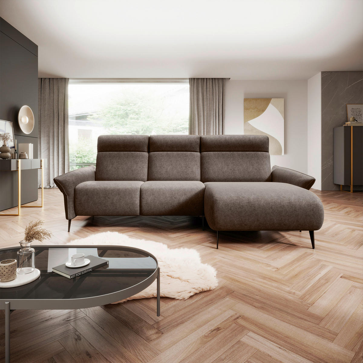 3-SITS SOFFA i flatväv brun  - brun/svart, Design, metall/trämaterial (286x160/103/97x150cm) - Stylife