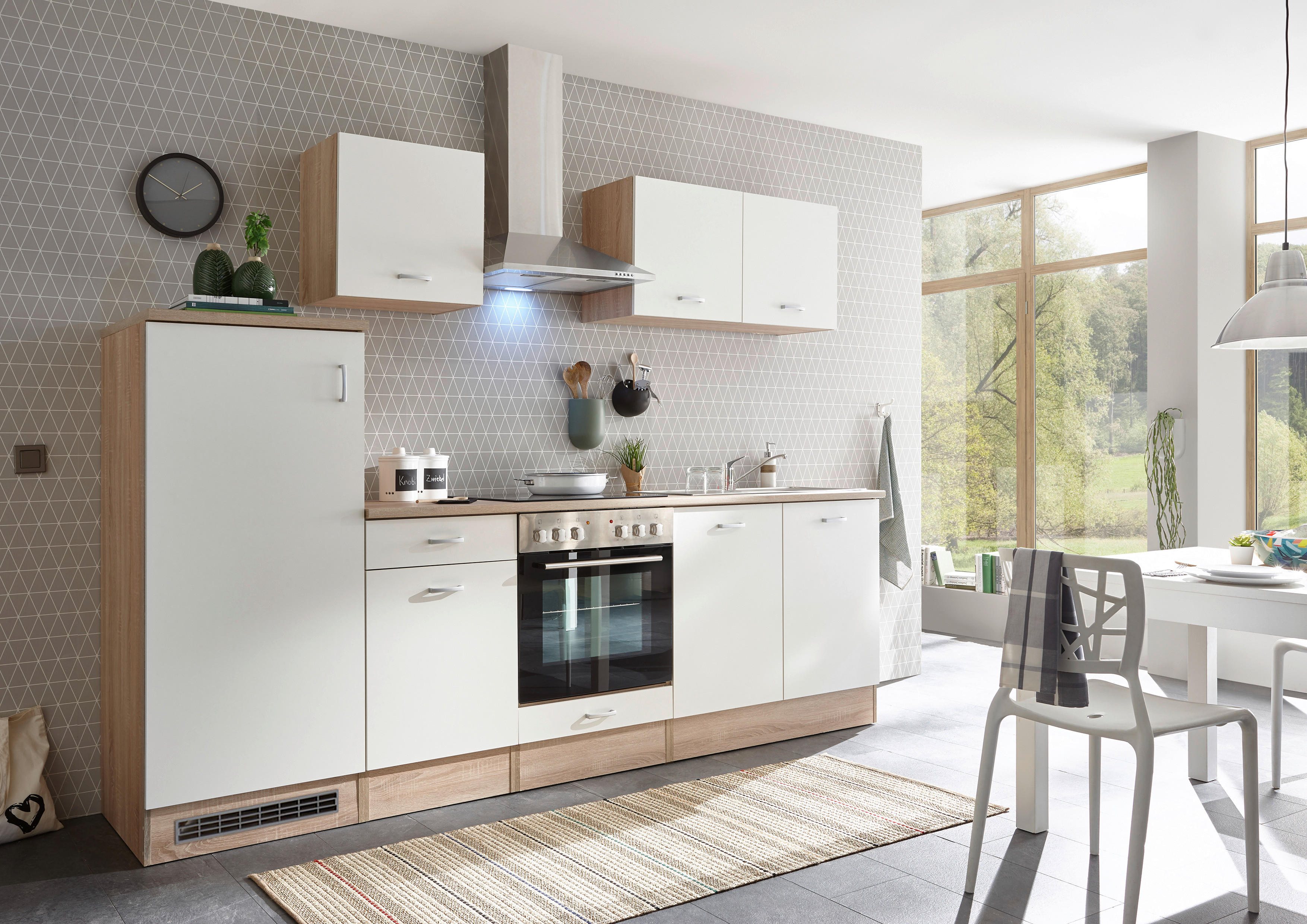 Küchenblock in Weiß E-Geräte, Spüle   - Eichefarben/Weiß, Basics (270/195/60cm) - Xora
