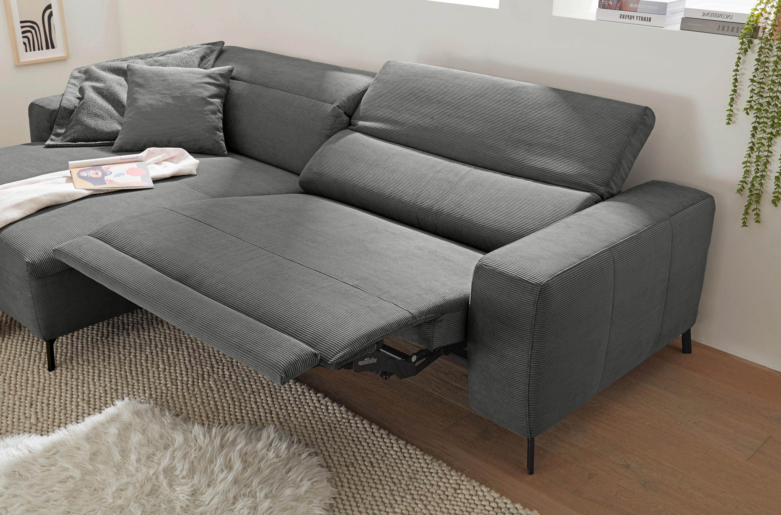 ECKSOFA in Feincord Anthrazit  172-177/294 cm  - Anthrazit/Schwarz, Design, Textil/Metall (172-177/294cm) - Pure Home Lifestyle