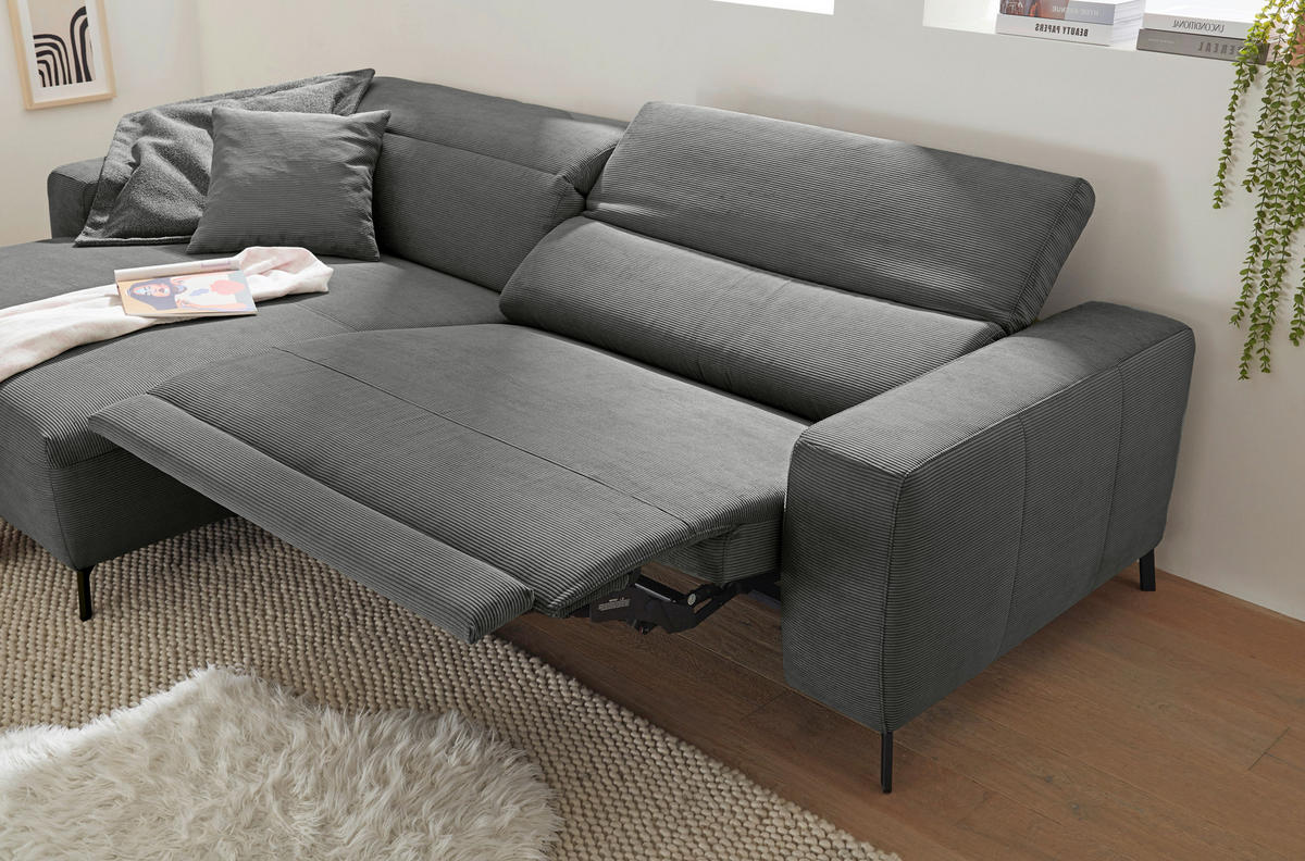 ECKSOFA in Feincord Anthrazit  - Anthrazit/Schwarz, Design, Textil/Metall (172-177/294cm) - Pure Home Lifestyle