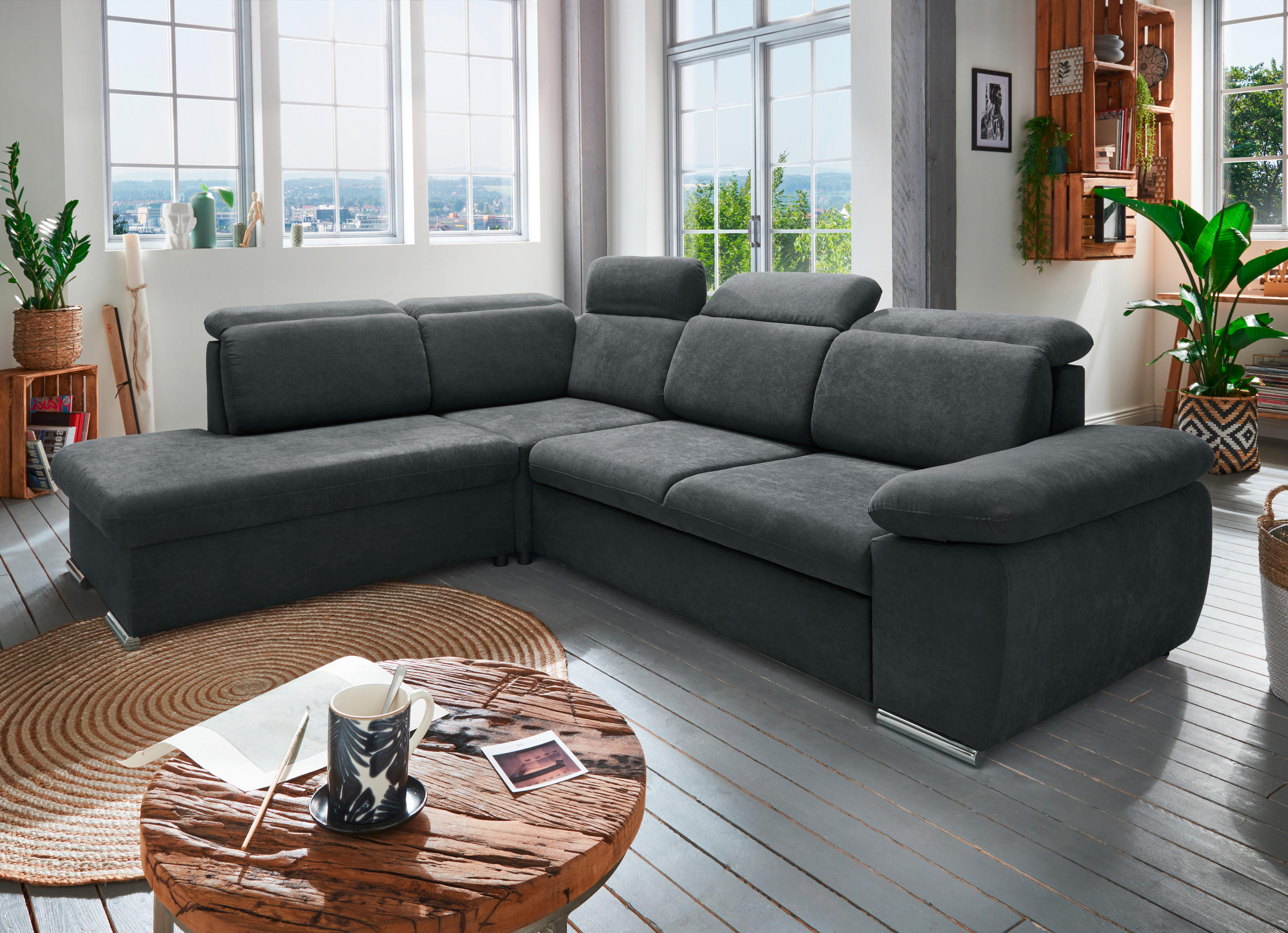 ECKSOFA in Mikrofaser Anthrazit  - Chromfarben/Anthrazit, Design, Textil/Metall (228/283cm) - Livetastic