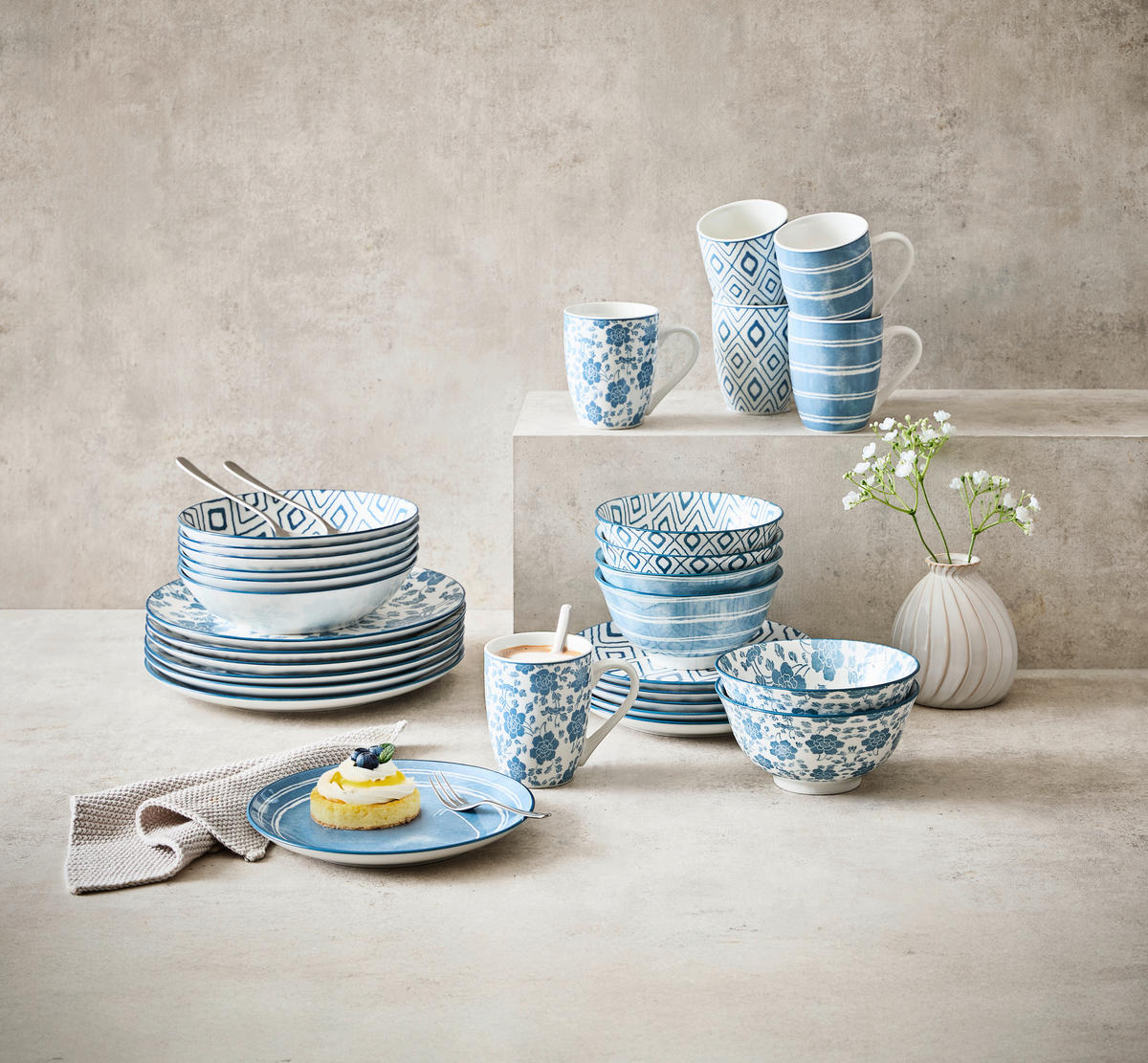 KOMPLETT SERVIS 30 delar  - vit/blå, Lifestyle, keramik - Novel