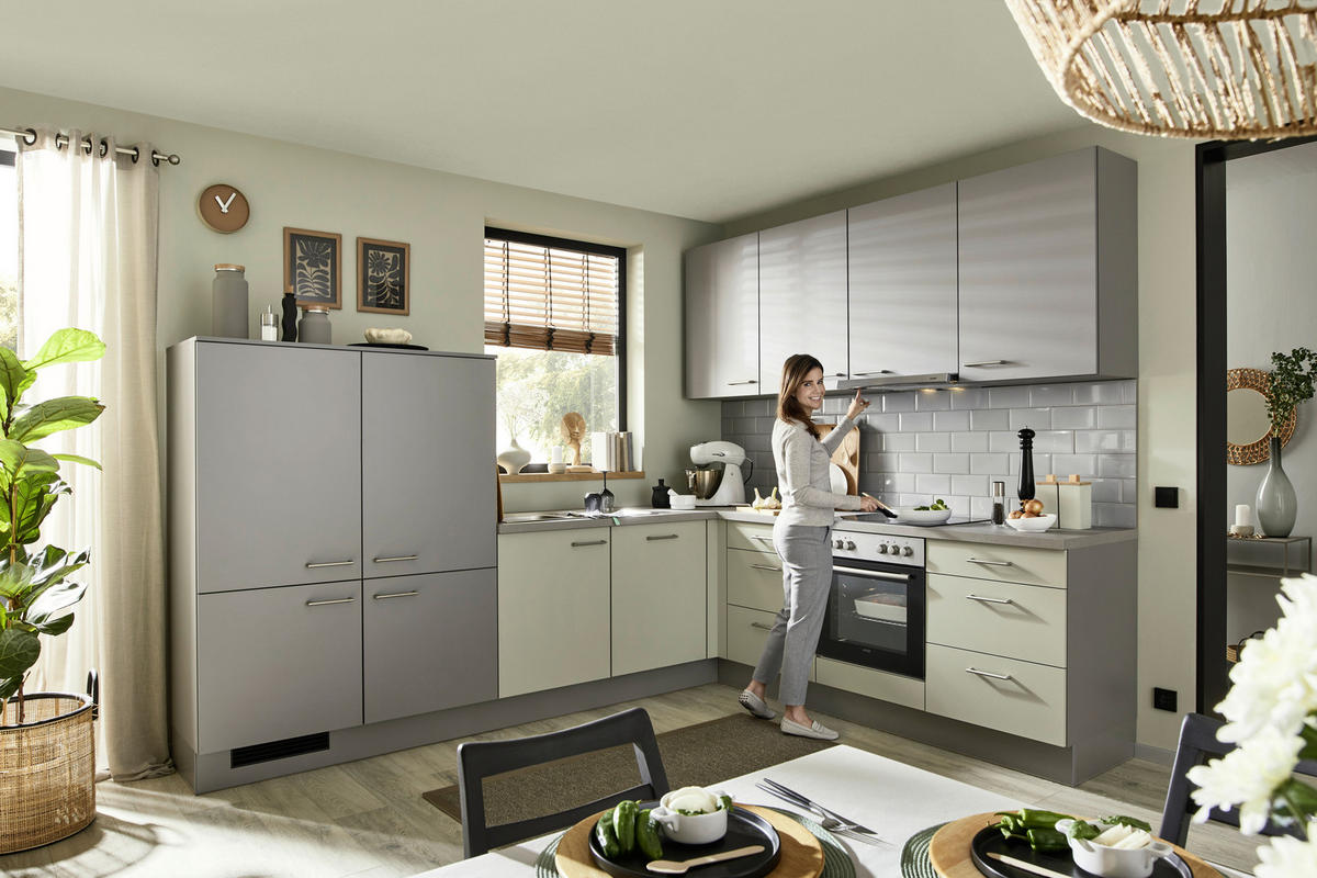 ECKKÜCHE 305,2/245 cm  in Schieferfarben, Salbeigrün  - Schieferfarben/Edelstahlfarben, Basics, Holzwerkstoff/Metall (305,2/245cm) - Venda