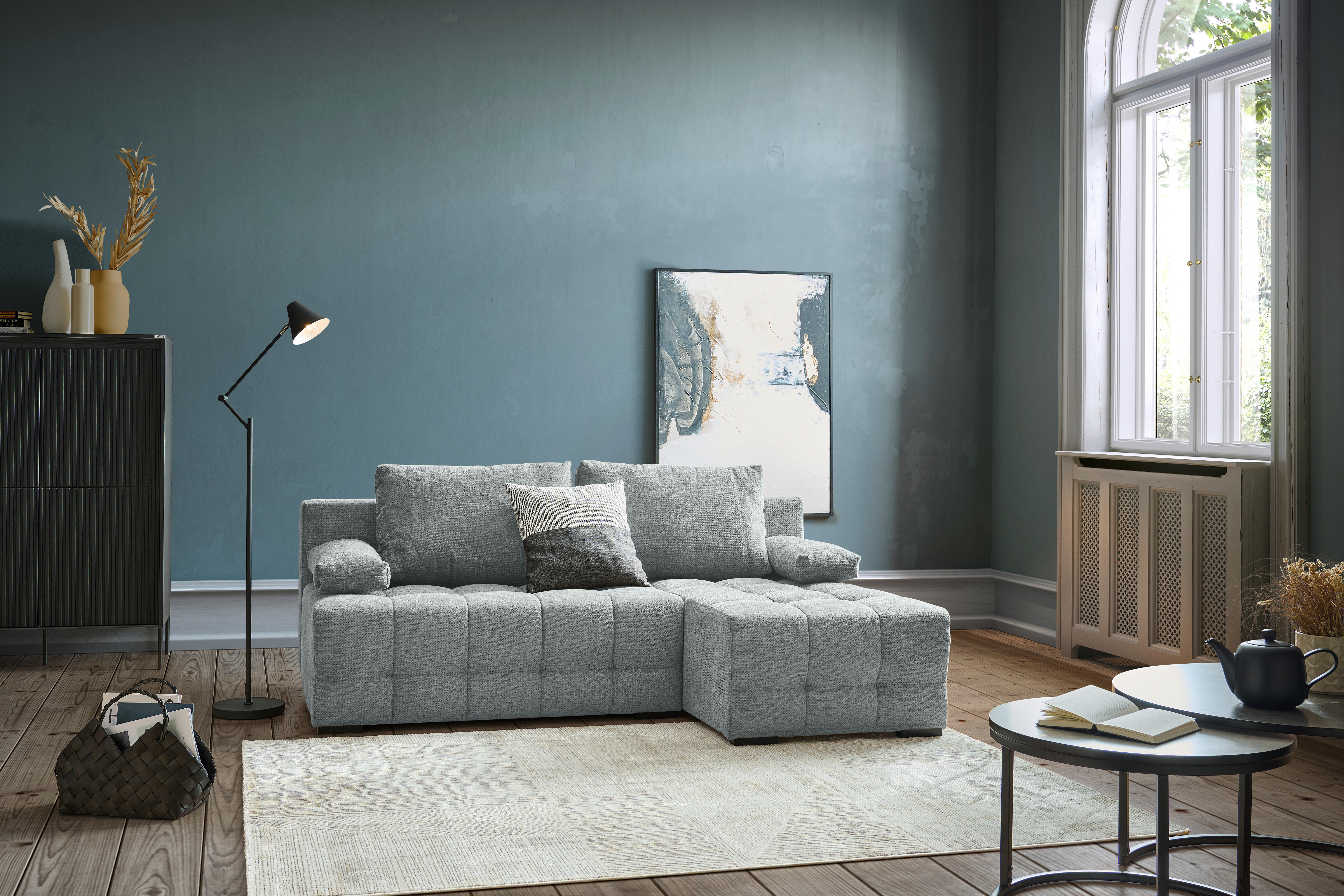 ECKSOFA Grau Chenille  - Schwarz/Grau, MODERN, Kunststoff/Textil (204/145cm) - home24