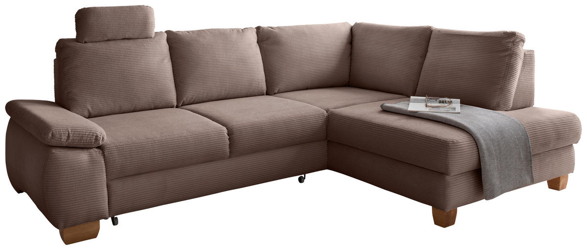 ECKSCHLAFSOFA  mit Liegefunktion, Rücken echt, Armteil links Cord Graubraun  - Wildeiche/Graubraun, MODERN, Holz/Textil (261/206cm) - Livetastic