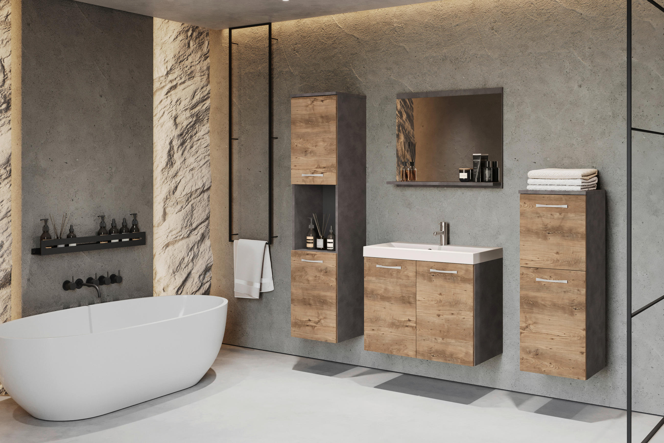 Badezimmer Malo-Matera5-teilig 5-teilig  in  - Kastanieneichefarben/Weiss, Lifestyle, Keramik/Holzwerkstoff (120/132,8/30,2cm) - P & B