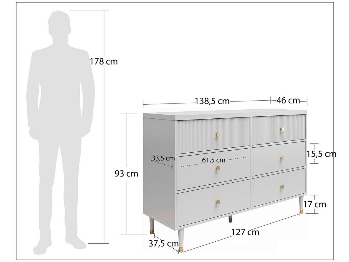 KOMMODE Elizabeth  in 138/93/46 cm  - Goldfarben/Grau, Design, Holzwerkstoff/Metall (138/93/46cm) - MID.YOU