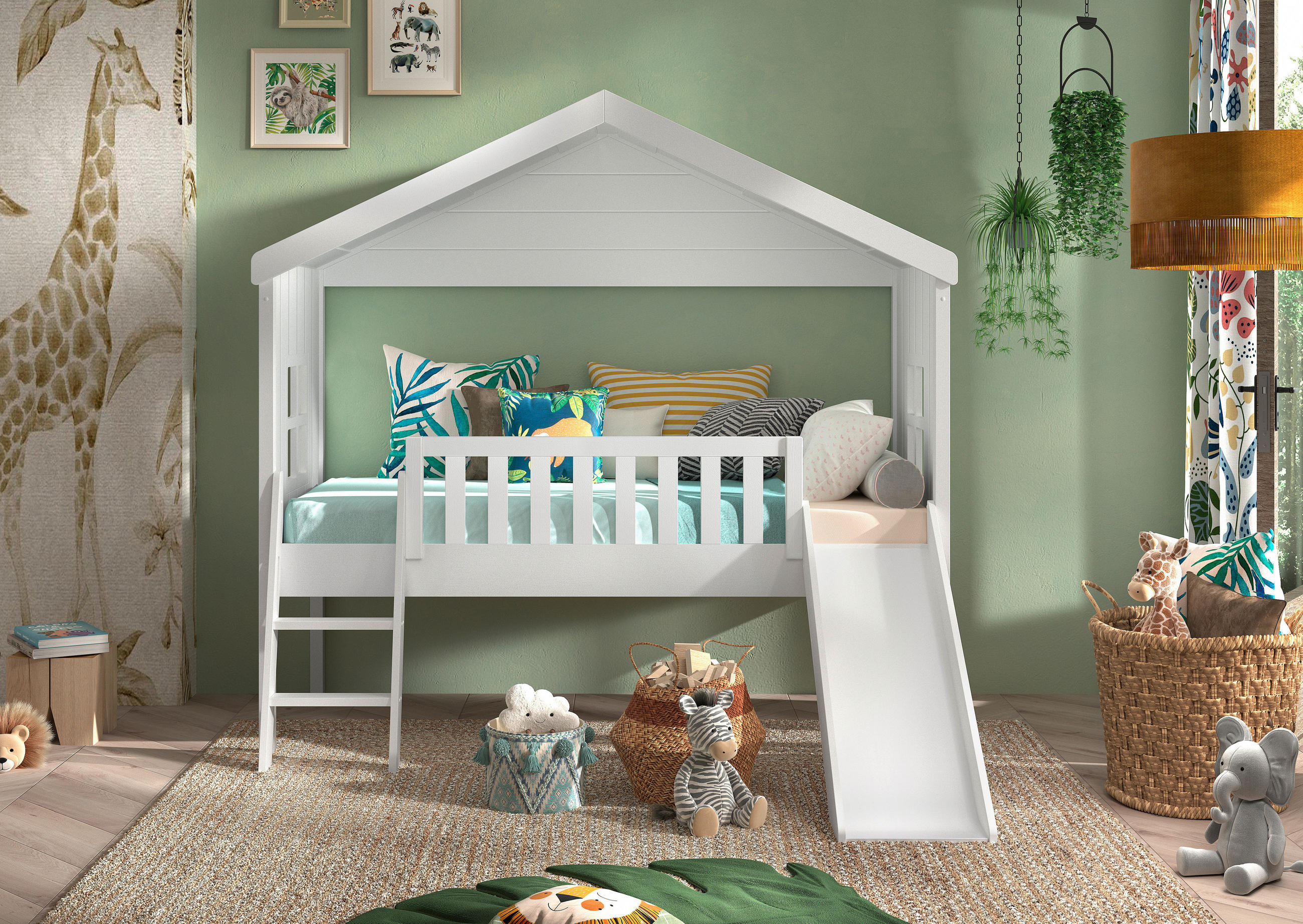 HAUSBETT 90/200 cm,  in Weiß, Absturzsicherung, Leiter, Rutsche, Rollrost  - Weiß, Natur, Holz (90/200cm) - Vipack