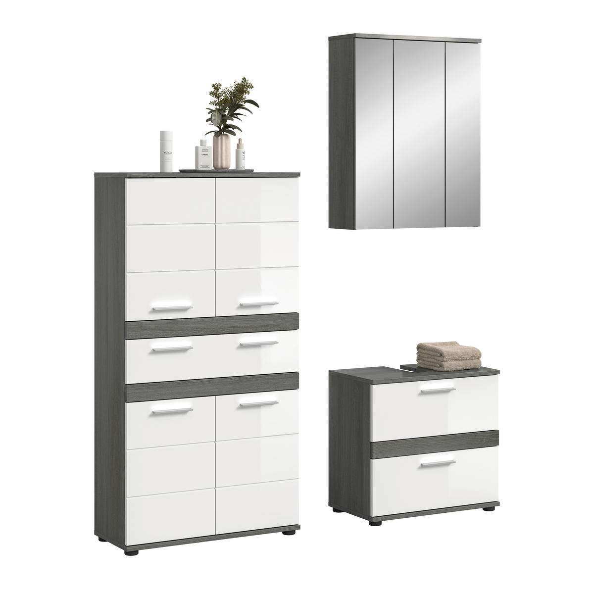 KUPAONICA  boje srebrnog hrasta, bijela visoki sjaj  - boje srebrnog hrasta/srebrne boje, Trend, staklo/drvni materijal (145cm) - MID.YOU