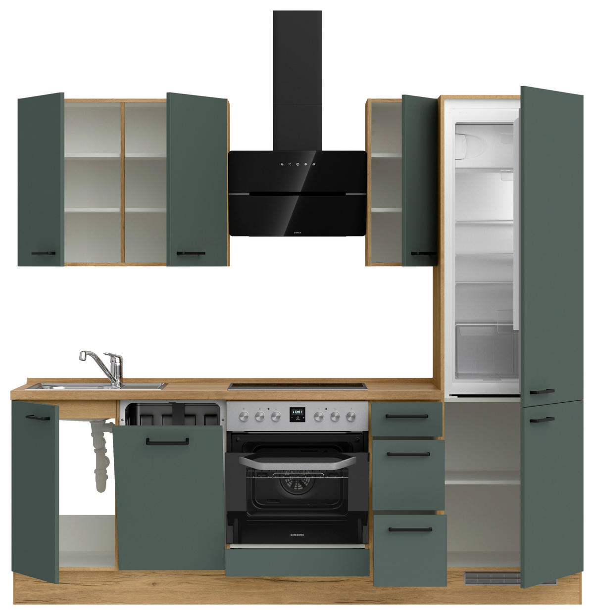 KÜCHENBLOCK Easytouch 240 cm  in Eichefarben, Dunkelgrün  - Dunkelgrün/Eichefarben, MODERN, Holzwerkstoff/Metall (240cm) - Nobilia