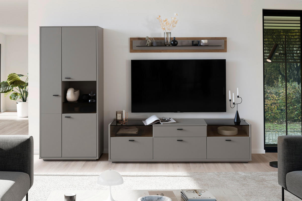 REGAL ZA DNEVNI BORAVAK siva, boje hrasta   - siva/boje hrasta, Design, staklo/drvni materijal (301/200/44cm) - Stylife