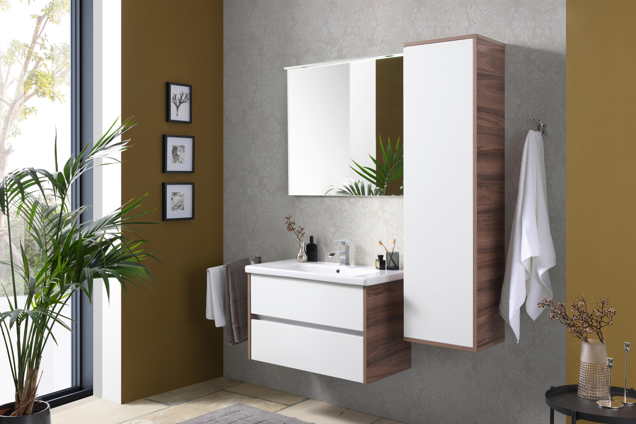 WASCHTISCHKOMBI 90 cm  - Weiß Hochglanz/Nussbaumfarben, Basics, Keramik/Holzwerkstoff (90cm) - Voleo