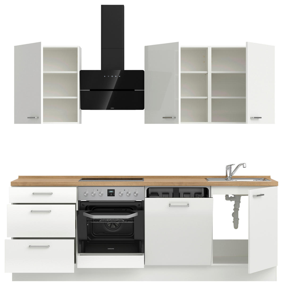 KÜCHENLEERBLOCK 240 cm   in Eichefarben, Weiß Hochglanz  - Edelstahlfarben/Eichefarben, MODERN, Holzwerkstoff/Metall (240cm) - Nobilia