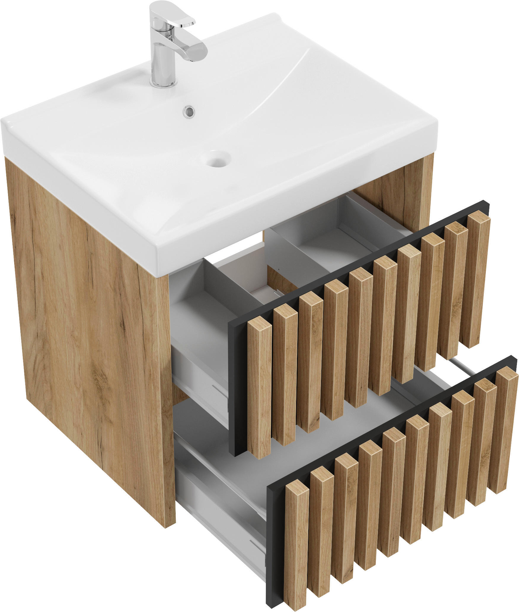 Thumbnail - Mid.you Waschtischkombi, Schwarz, Eiche, Holzwerkstoff, 2 Schublade(n) Schubladen, 61 cm, hängend, Badezimmer, Waschbeck...