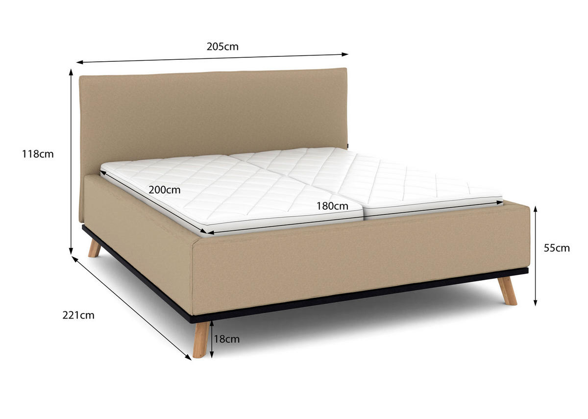 POLSTERBETT Matratze, Lattenrost, Bettkasten 180/200 cm  in Beige  - Eichefarben/Beige, Design, Holz/Textil (180/200cm) - Musterring