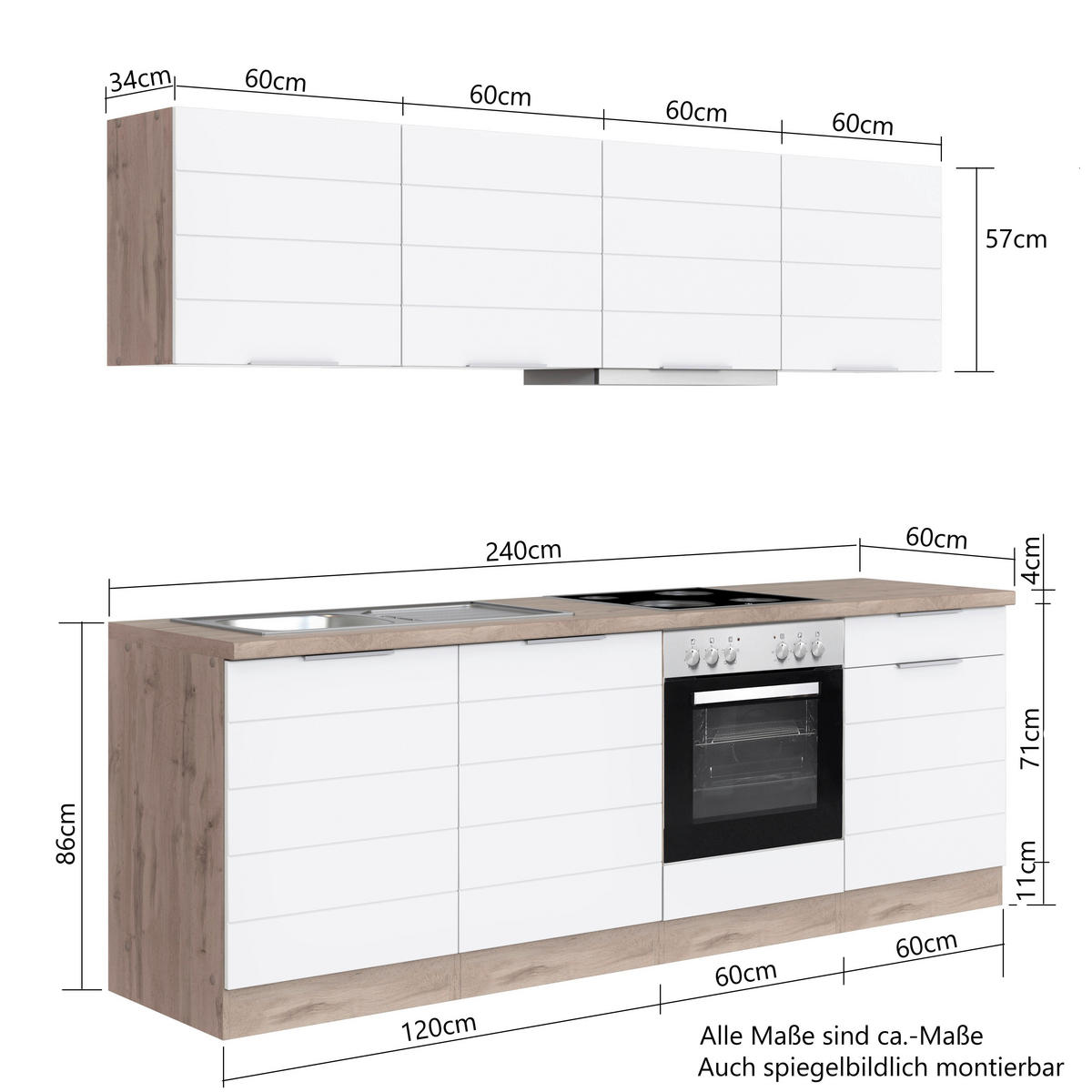 KÜCHENBLOCK 240 cm   in Weiß, Eiche Wotan  - Eiche Wotan/Weiß, Design, Holzwerkstoff/Metall (240cm) - Held