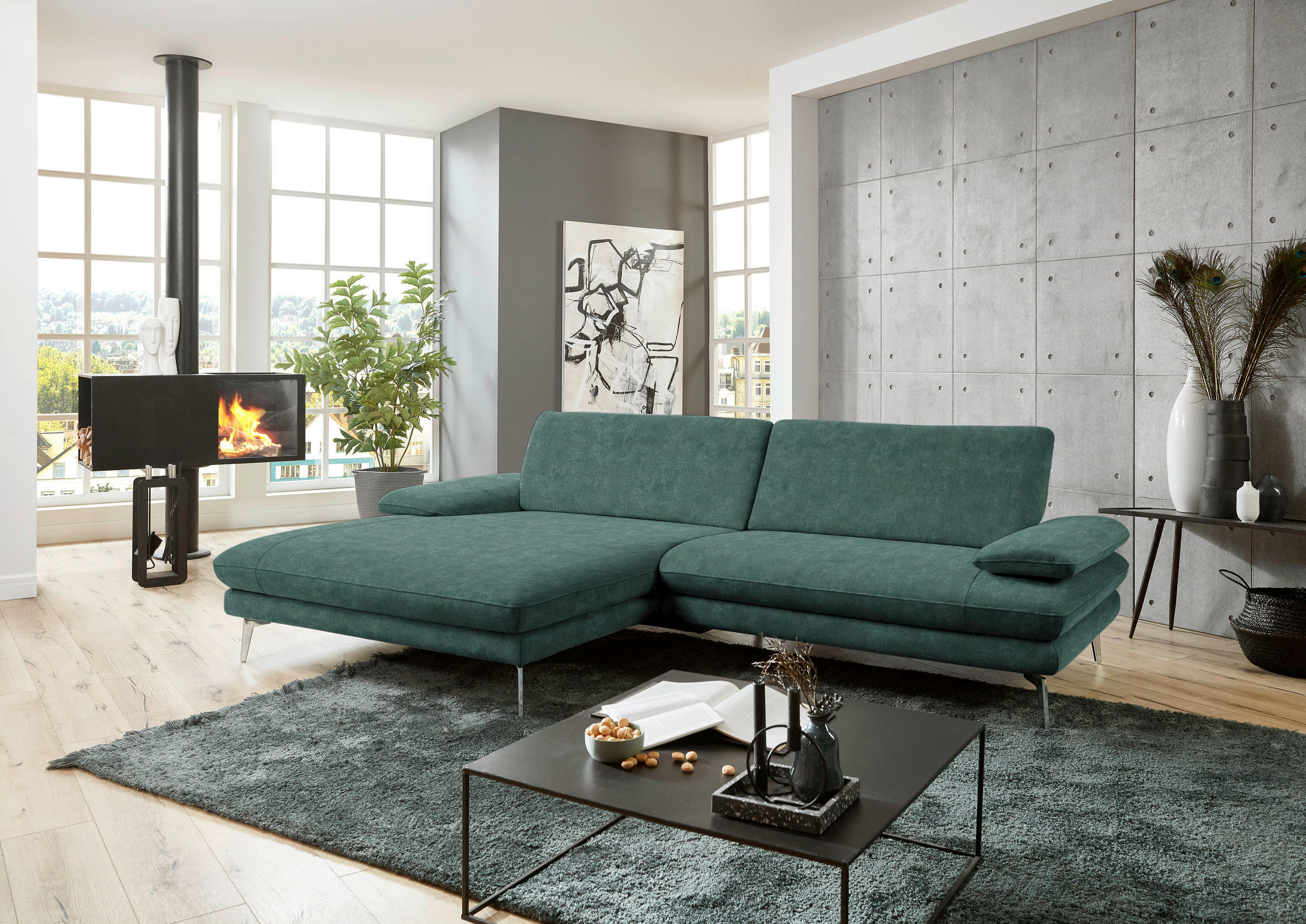 ECKSOFA in Velours Blau, Grün  - Blau/Schwarz, Design, Textil/Metall (184/284cm) - Dieter Knoll