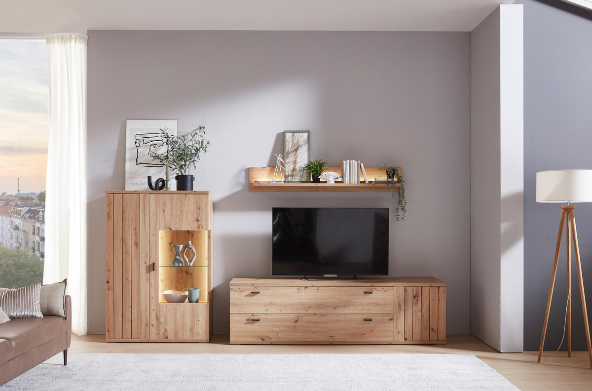 WOHNWAND  in Eiche Artisan  303,2/170/48,2 cm  - Schwarz/Eiche Artisan, KONVENTIONELL, Glas/Holzwerkstoff (303,2/170/48,2cm) - Cantus