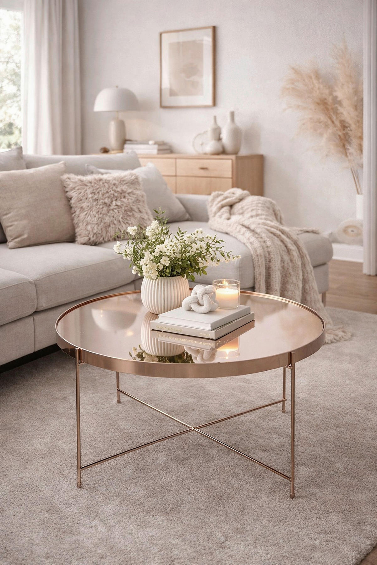 COUCHTISCH Spiegelglas 62,5/62,5/38 cm rund Roségold  - Roségold, Design, Glas/Metall (62,5/62,5/38cm) - MID.YOU