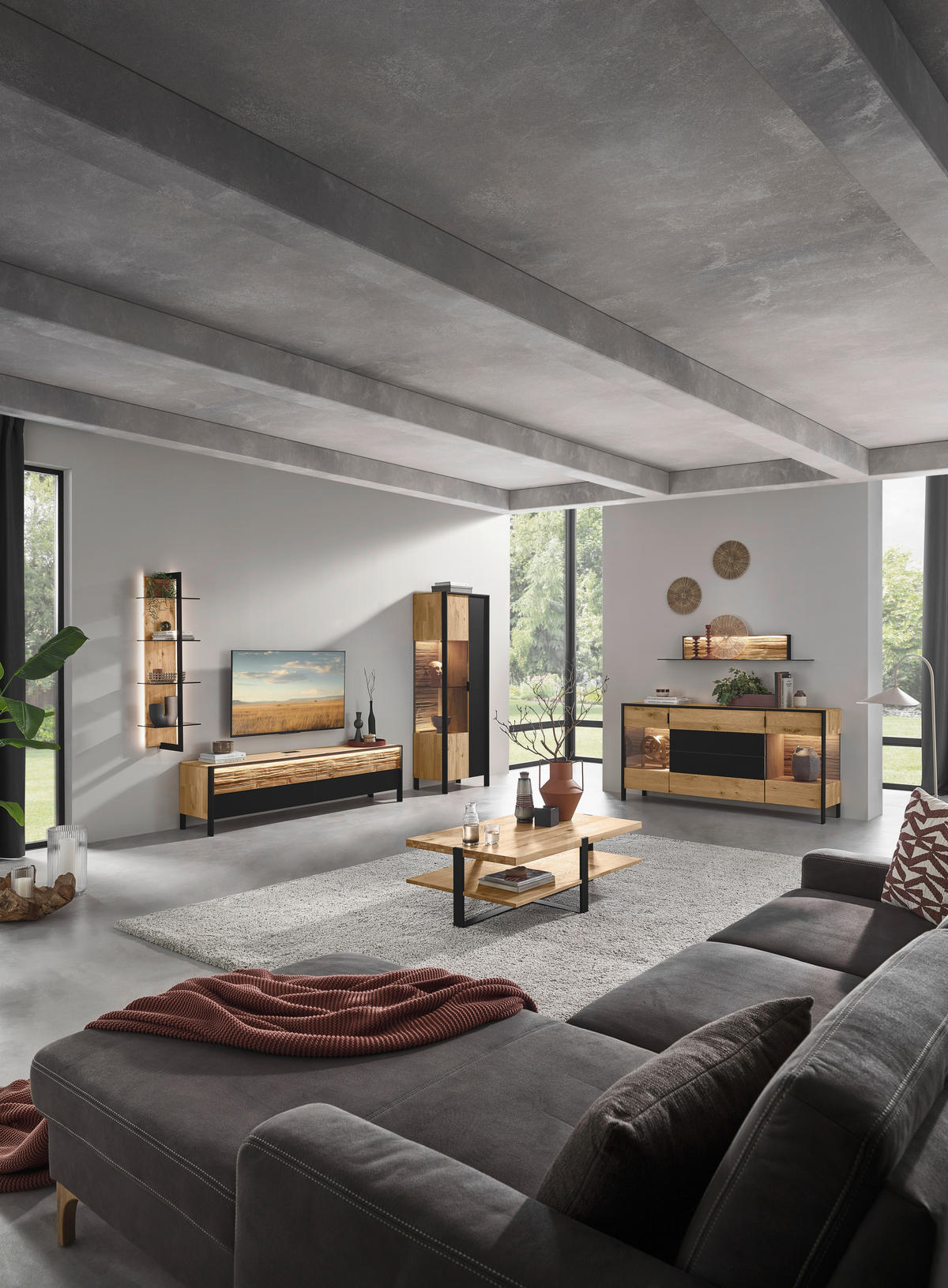 LOWBOARD  in 204/52,6/44,6 cm  - Wildeiche/Graphitfarben, Natur, Glas/Holz (204/52,6/44,6cm) - Valdera