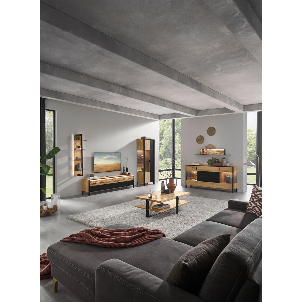 Thumbnail - Valdera Lowboard, Graphit, Wildeiche, Holz, Glas, Wildeiche, massiv, 4 Schubladen, 204x52.6x44.6 cm, Beimöbel erhältlich...