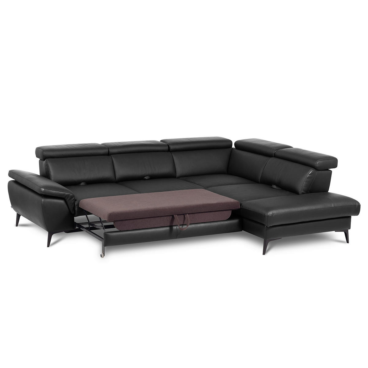 ECKSOFA Schwarz Echtleder Lederlook Bettkasten, Schlaffunktion, Rücken echt, Armteilverstellung, Kopfteilverstellung, Sitztiefenverstellung  - Schwarz, Design, Leder/Textil (274/220cm) - Livetastic