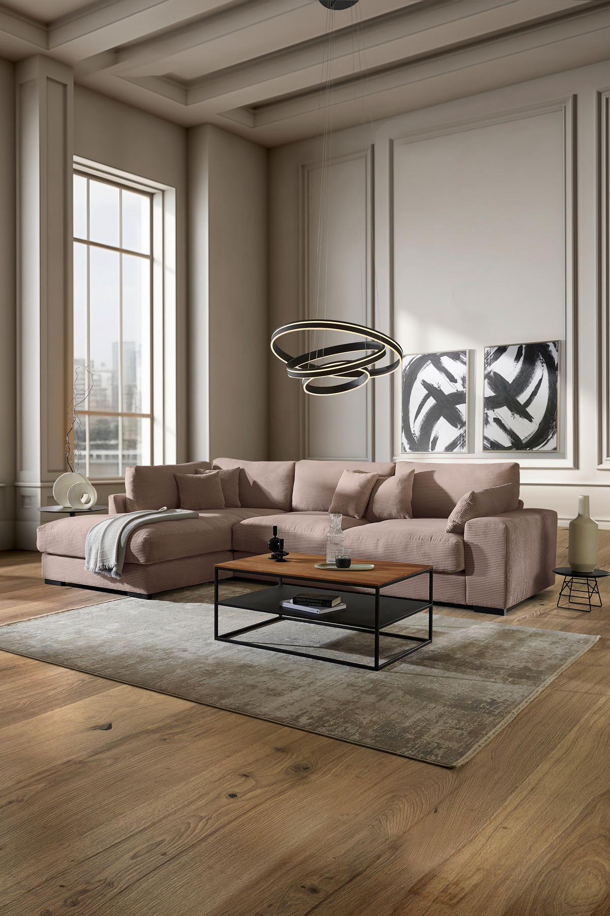 ECKSOFA in Cord Rosa  - Schwarz/Rosa, Design, Kunststoff/Textil (205/340cm) - Lomoco