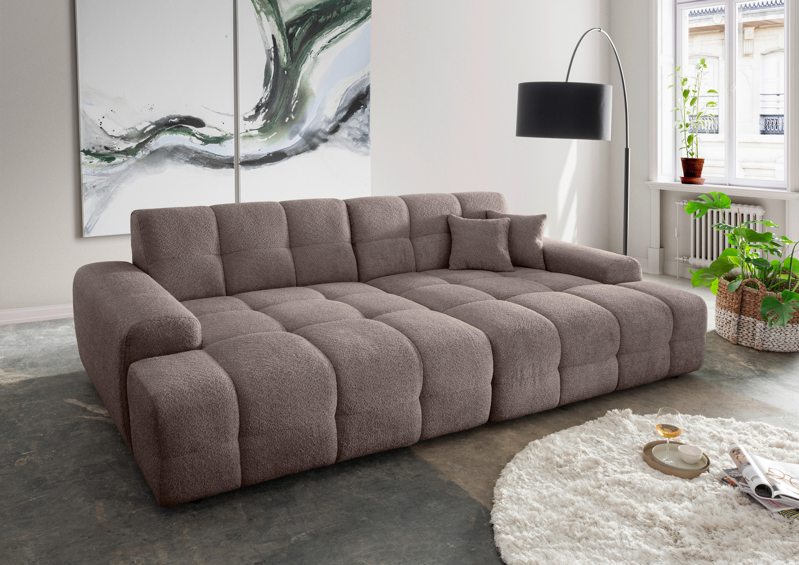 BIGSOFA in Bouclé Taupe  - Taupe/Schwarz, MODERN, Kunststoff/Textil (304/87/155cm) - Livetastic