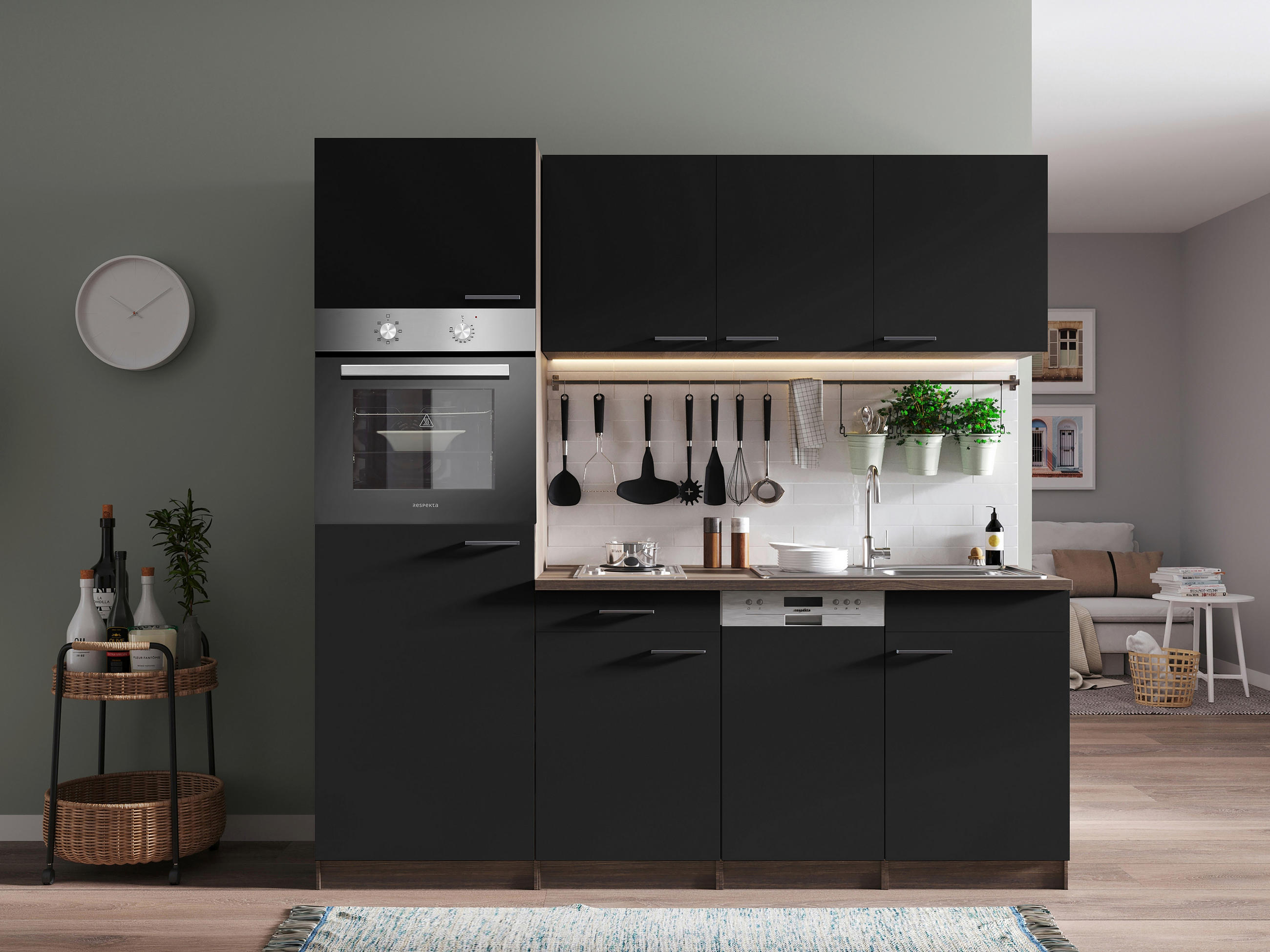 KÜCHENBLOCK Oliver 205 cm  in Schwarz  - Eichefarben/Alufarben, Basics, Holzwerkstoff/Kunststoff (205cm) - Respekta
