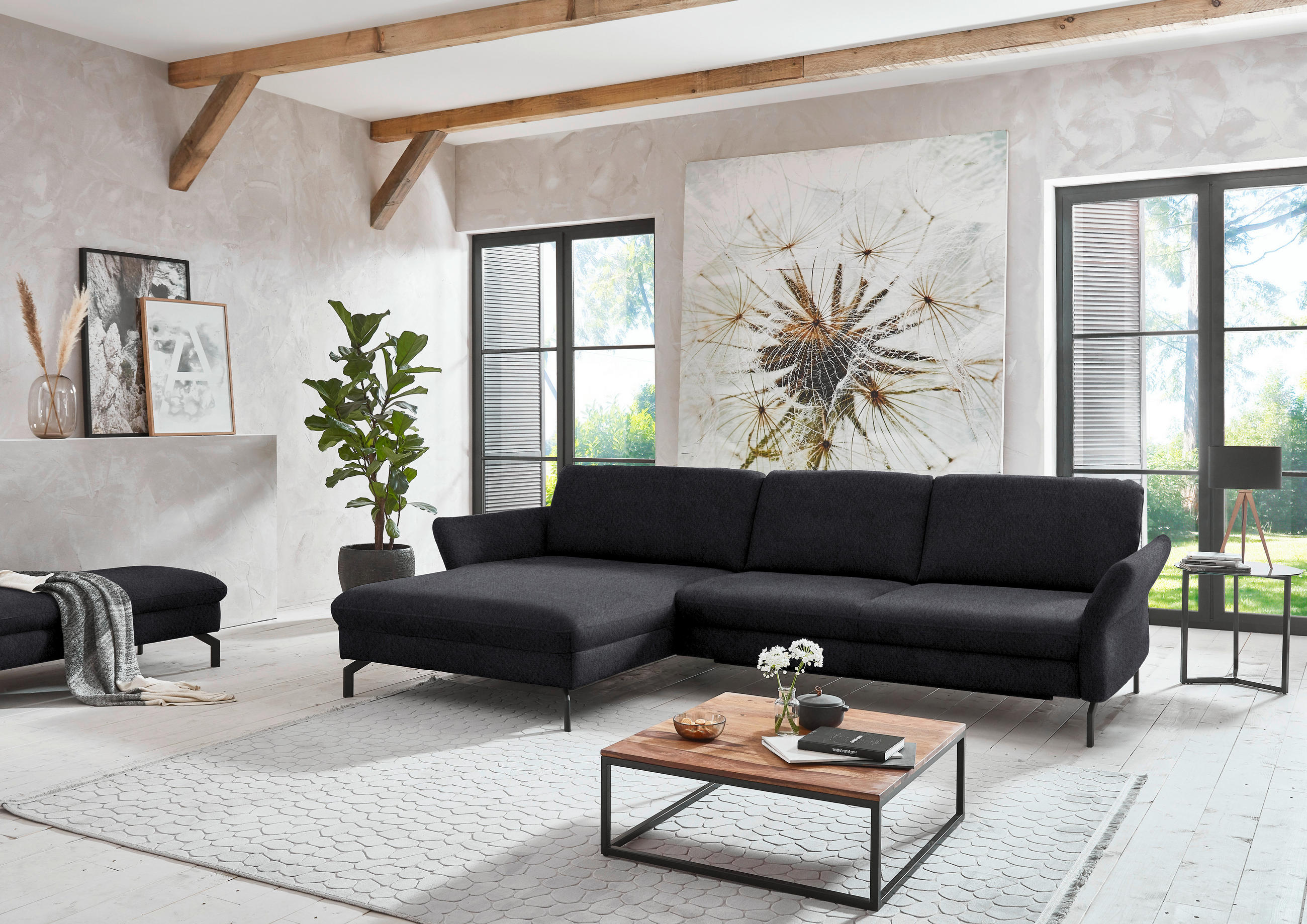 ECKSOFA in Velours Anthrazit  - Anthrazit/Schwarz, Design, Textil/Metall (179/306cm) - Beldomo System