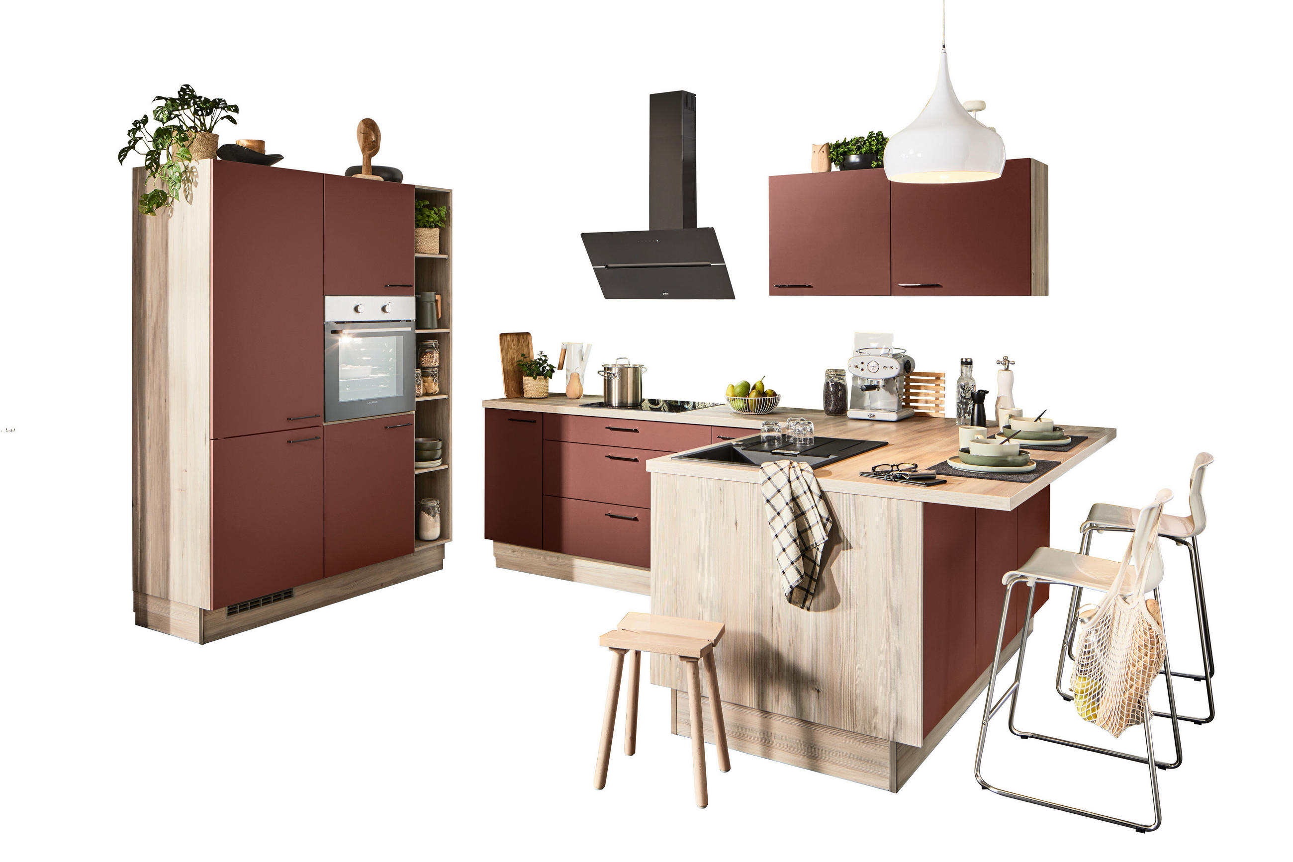 ECKKÜCHE  in Rot, Tannenholzfarben  - Rot/Tannenholzfarben, Design, Holzwerkstoff/Metall (150/280/121,6cm) - Xora