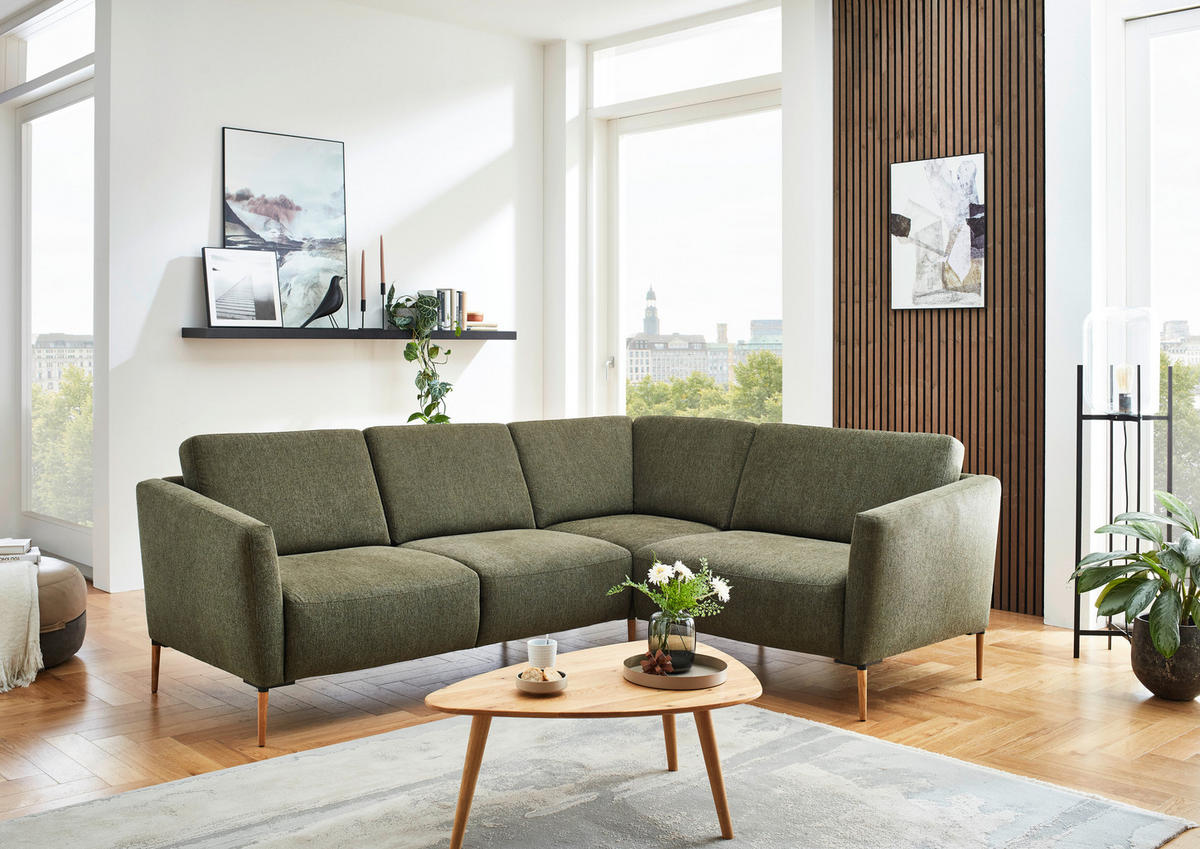 ECKSOFA in Flachgewebe Olivgrün  238/186 cm  - Eichefarben/Olivgrün, Design, Holz/Textil (238/186cm) - Valnatura