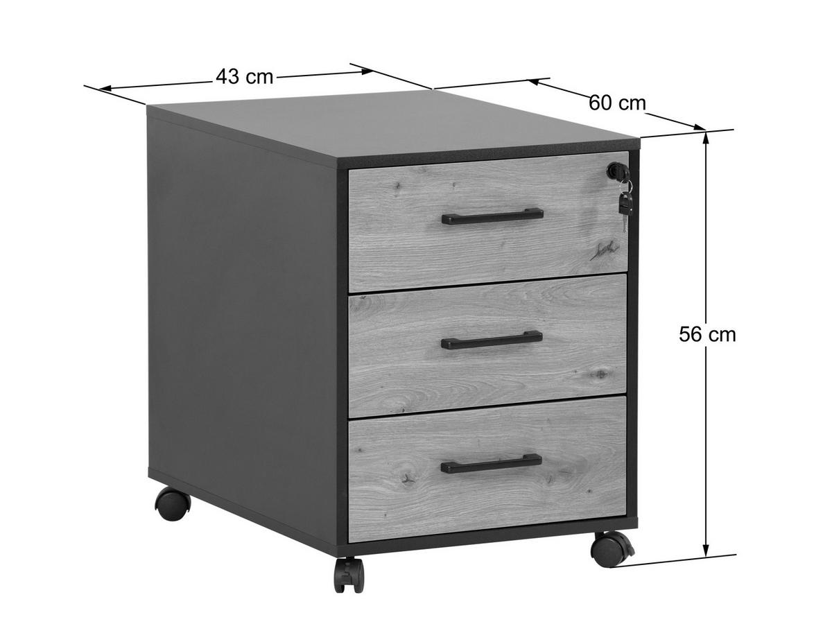 ROLLCONTAINER Schwarz, Eiche Artisan  - Schwarz/Eiche Artisan, MODERN, Holzwerkstoff/Kunststoff (43/56/60cm) - Livetastic