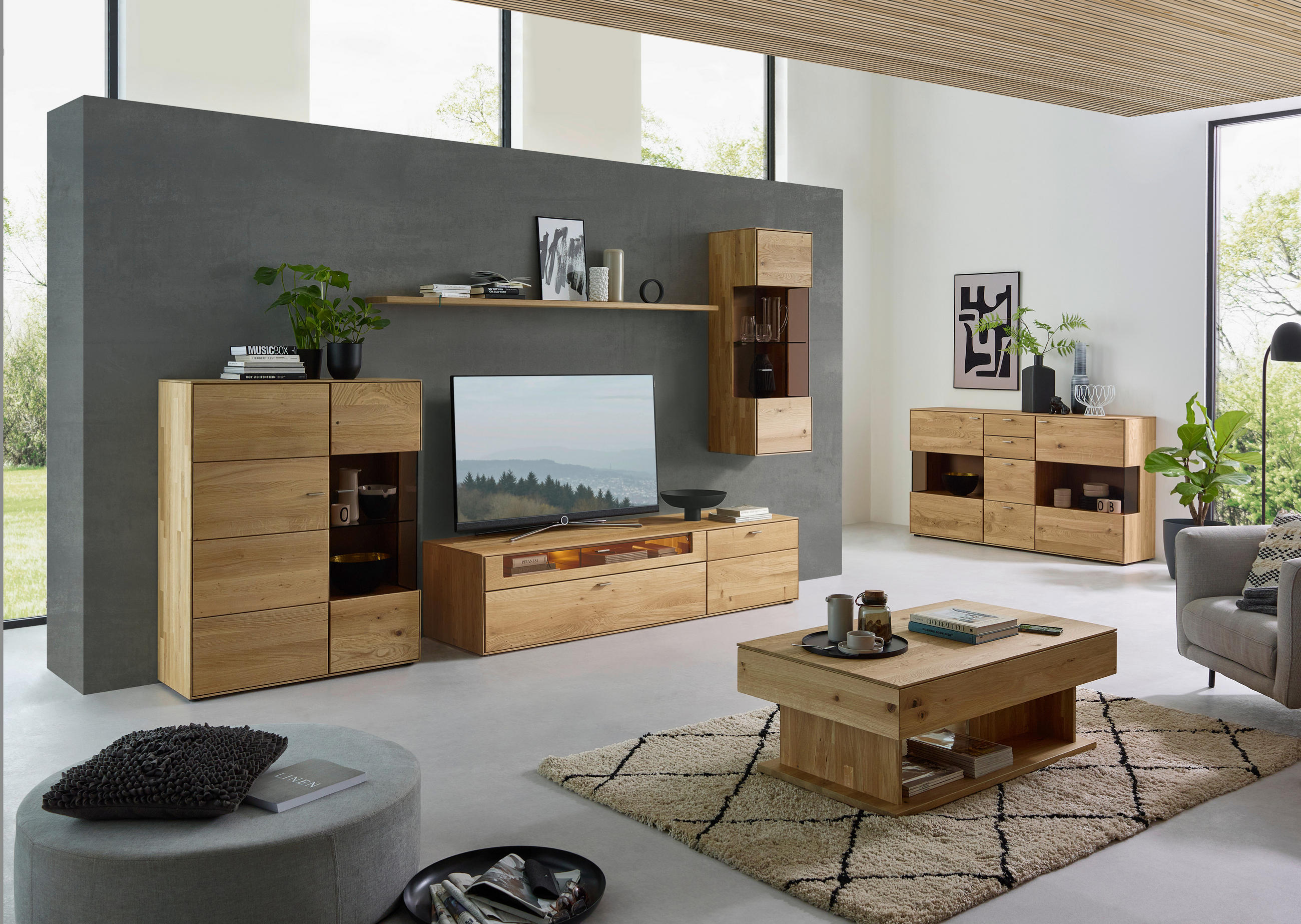 WOHNWAND  in Eichefarben  332,7/202,4/54,5 cm  - Edelstahlfarben/Eichefarben, KONVENTIONELL, Glas/Holz (332,7/202,4/54,5cm) - Valnatura