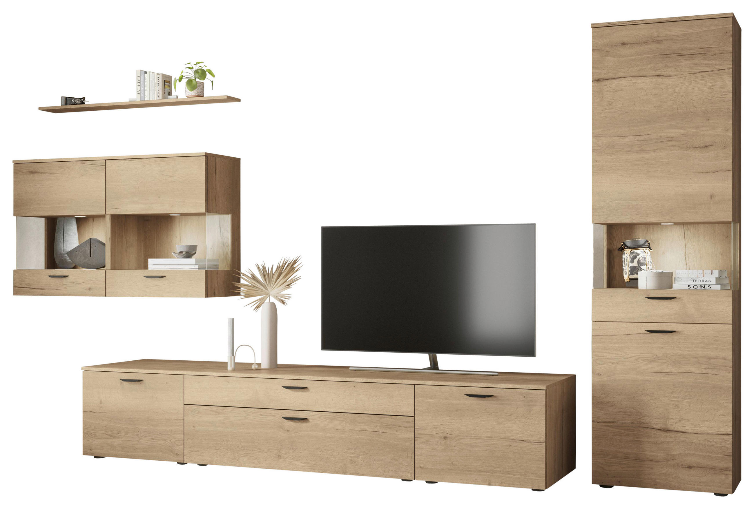 WOHNWAND  in Eichefarben  380,3/205,2/58,5 cm  - Eichefarben/Schwarz, Design, Glas/Holzwerkstoff (380,3/205,2/58,5cm) - Celina Home