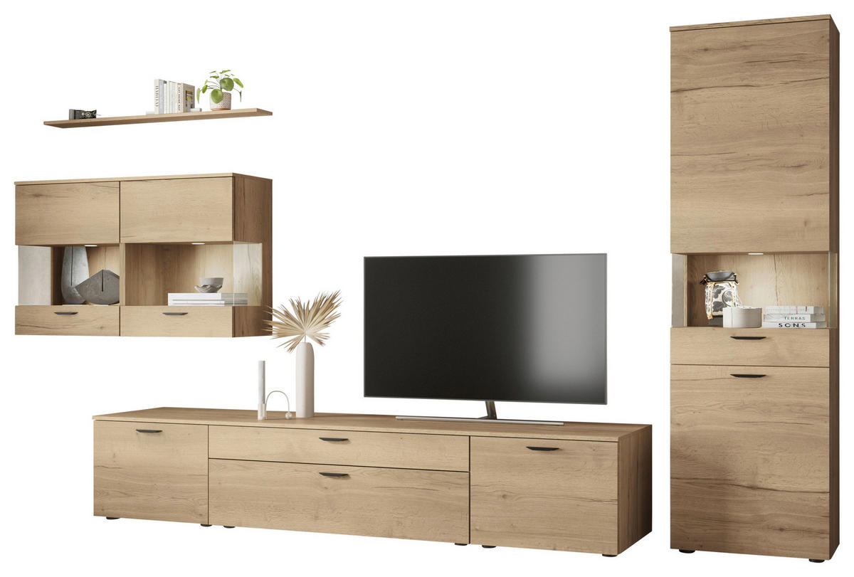 WOHNWAND  in Eichefarben  380,3/205,2/58,5 cm  - Eichefarben/Schwarz, Design, Glas/Holzwerkstoff (380,3/205,2/58,5cm) - Celina Home