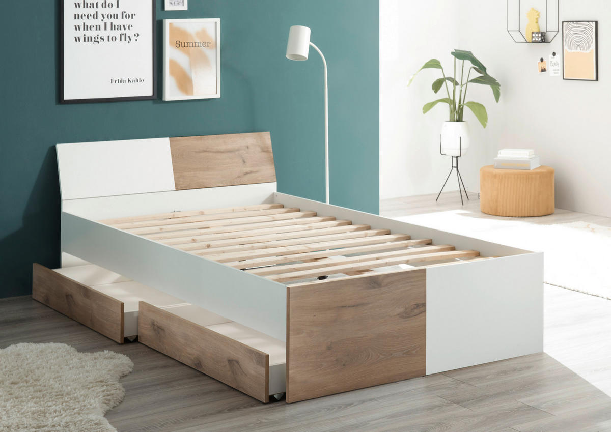 BETT 120/200 cm  in Weiß, Eichefarben  - Eichefarben/Weiß, KONVENTIONELL (120/200cm) - MID.YOU