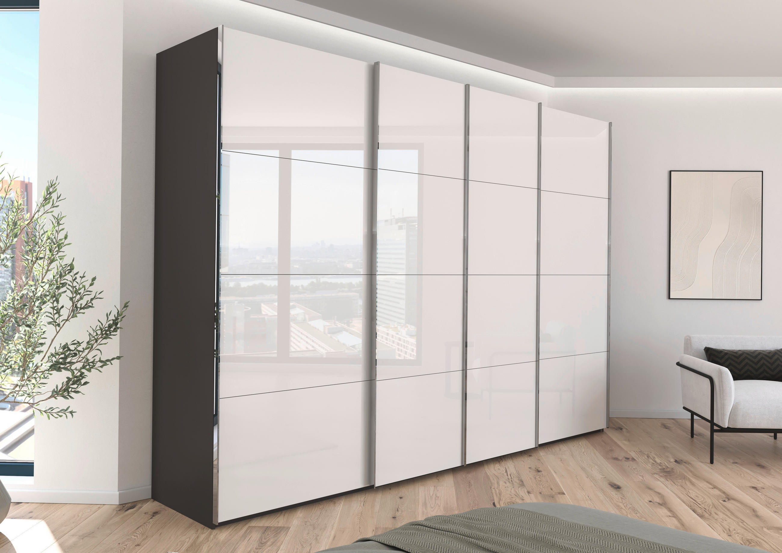 SCHWEBETÜRENSCHRANK 316/235/68 cm 4-türig Graphitfarben, Weiß  - Chromfarben/Graphitfarben, Design, Glas/Holzwerkstoff (316/235/68cm) - Novel