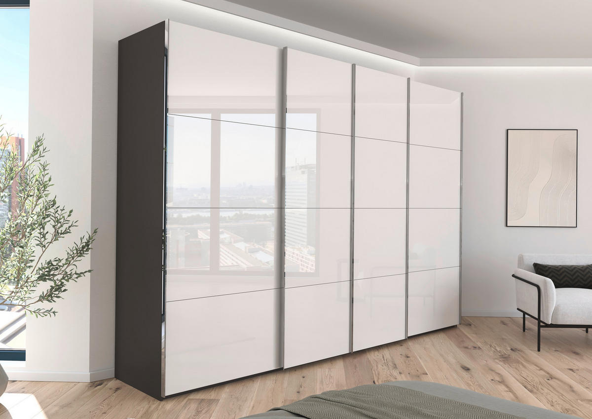SCHWEBETÜRENSCHRANK 316/235/68 cm 4-türig Graphitfarben, Weiß  - Chromfarben/Graphitfarben, Design, Glas/Holzwerkstoff (316/235/68cm) - Novel