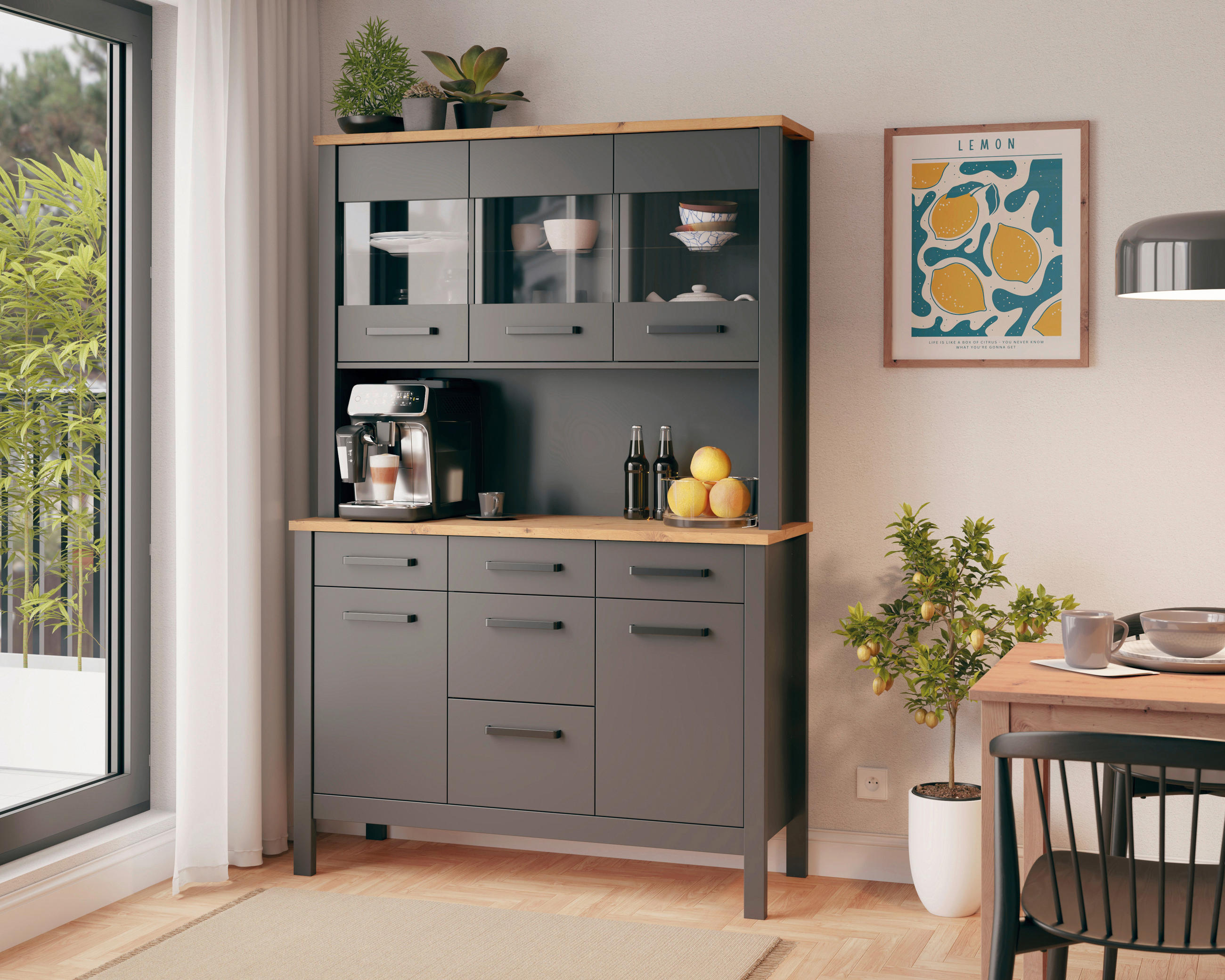 BUFFET 130/196/45 cm  in Anthrazit, Eiche Artisan  - Anthrazit/Schwarz, MODERN, Glas/Holzwerkstoff (130/196/45cm) - home24