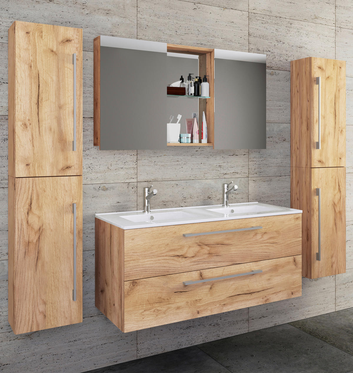 BADEZIMMER 5-teilig  in 178 cm  - Honigeiche/Alufarben, MODERN, Keramik/Holzwerkstoff (178cm) - MID.YOU