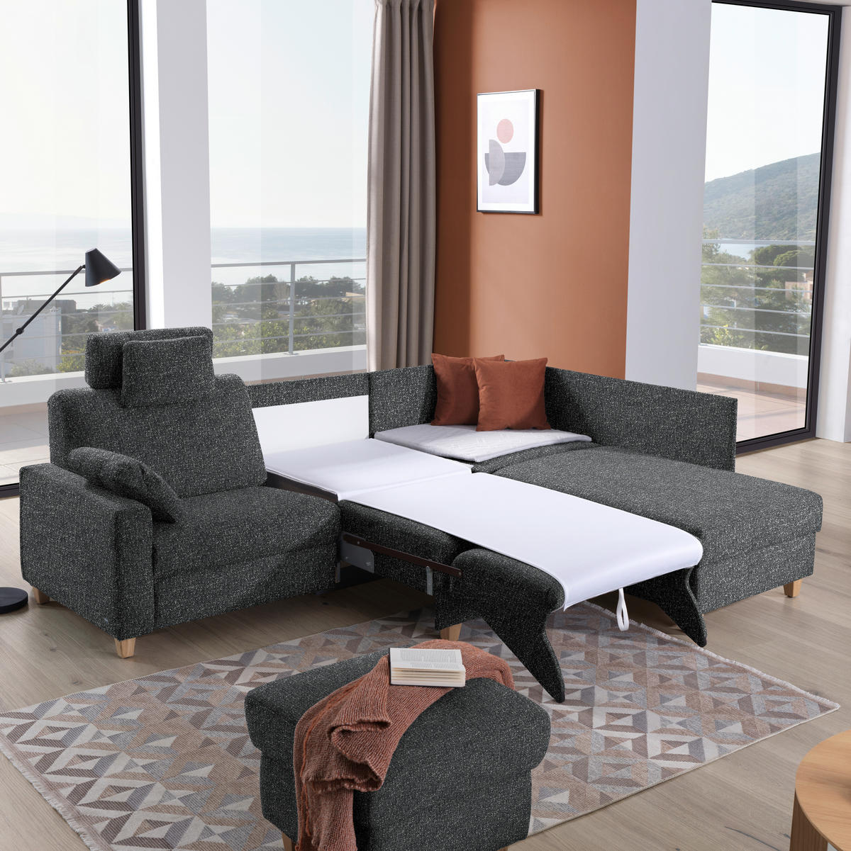 ECKSOFA  in Mikrovelours Anthrazit  261/203 cm  - Eichefarben/Anthrazit, KONVENTIONELL, Holz/Textil (261/203cm) - Sedda