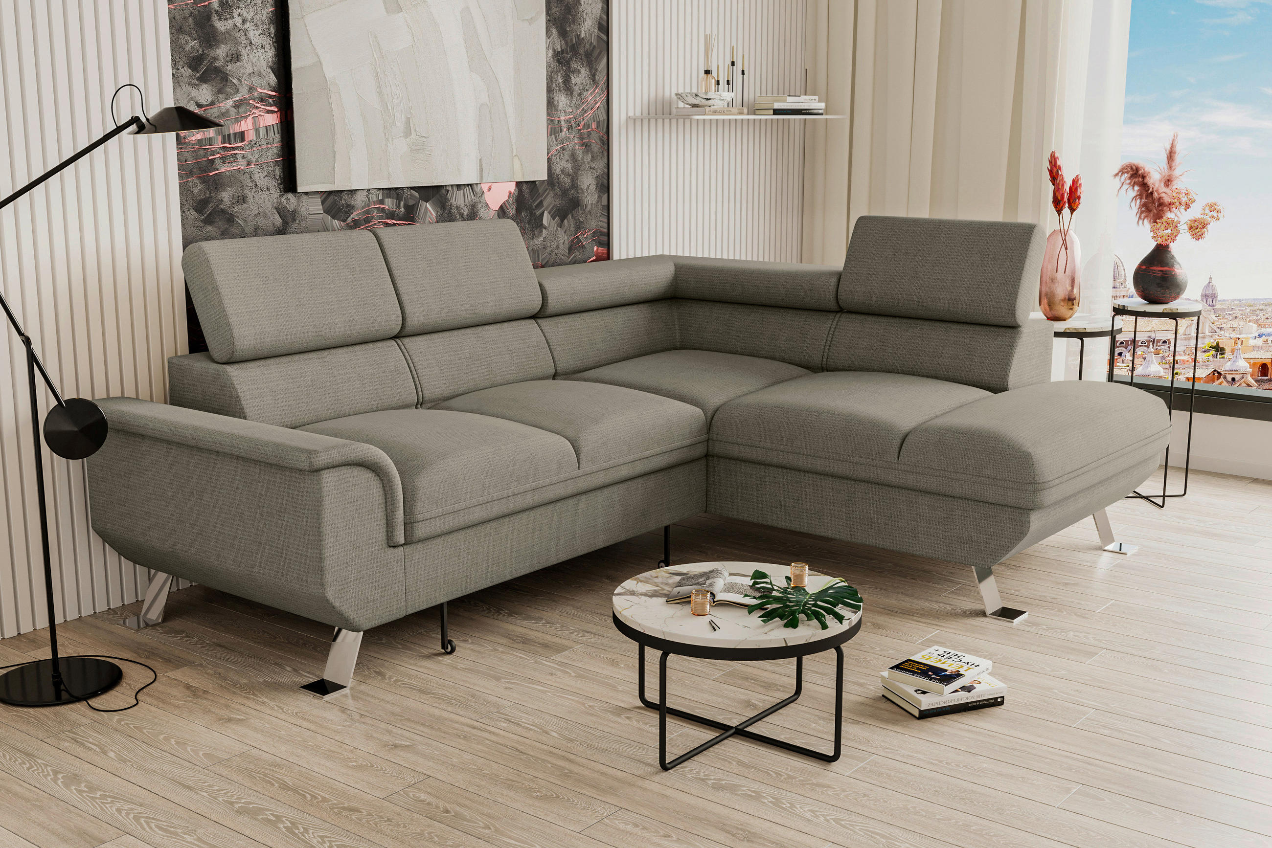 ECKSOFA in Struktur Greige  - Greige/Silberfarben, Konventionell, Textil/Metall (268/207cm) - MID.YOU