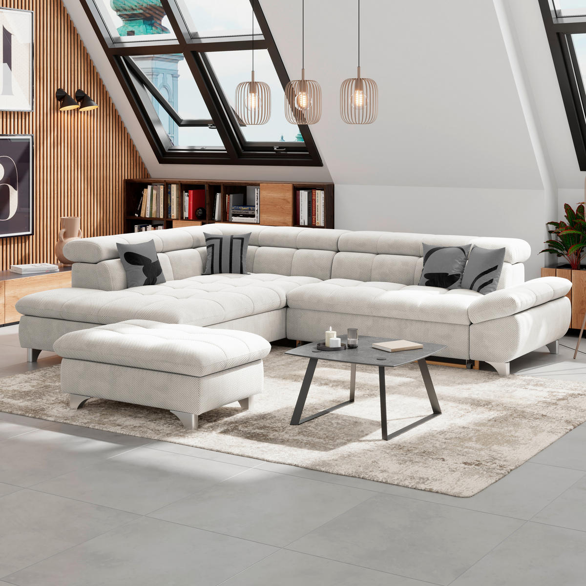 ECKSOFA Creme Chenille  - Chromfarben/Creme, KONVENTIONELL, Textil/Metall (234/312cm) - Livetastic